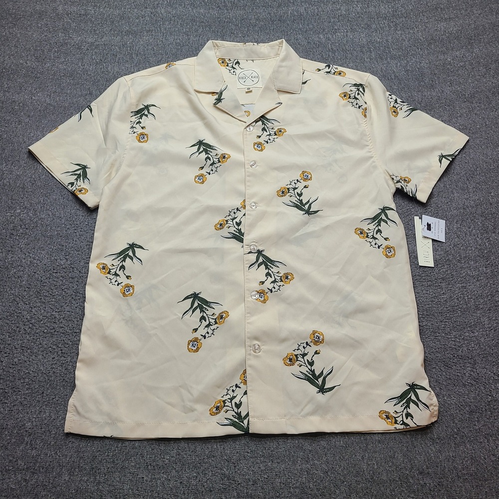 Birch Black‎ Floral Camp Collar Shirt Mens Medium Cream New Short Sleeve